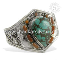 Perseverante coral y turquesa piedras preciosas plata brazalete 925 joyas de plata esterlina joyas hechas a mano mayorista